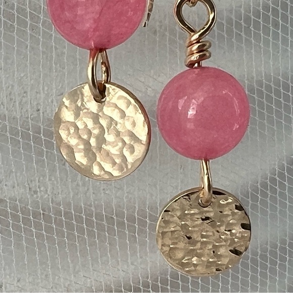 Artisan Gold Dangle Earrings with Pink Jade Beads - Picture 3 of 14